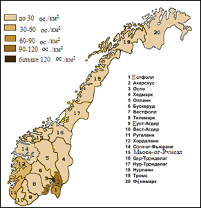 Густота населення Норвегії в 2012 році (побудовано автором за даними [7]).